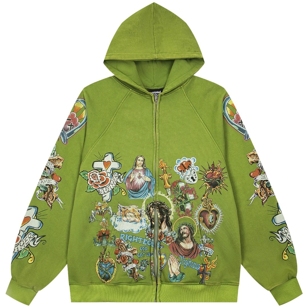 We Are Righteous Craft All Over Graphic Zip Up Hoodie Green